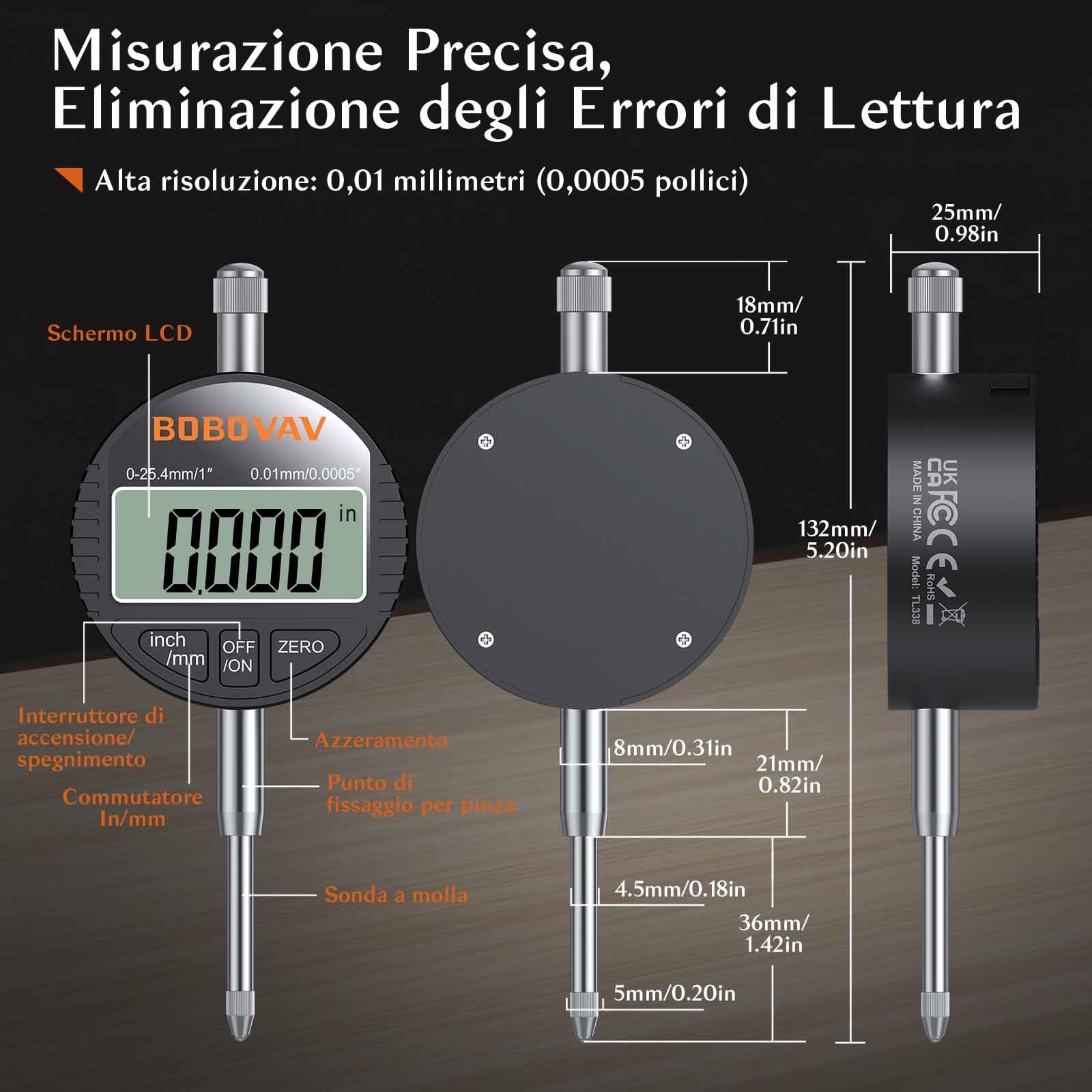 Comparatore Centesimale Digitale 0-25.4mm/1",Alta Precisione 0.01mm/0.0005" Display LCD,Commutabile mm e Pollici,Azzeramento,Indicatore Digitale per Torni CNC e Stampa 3D