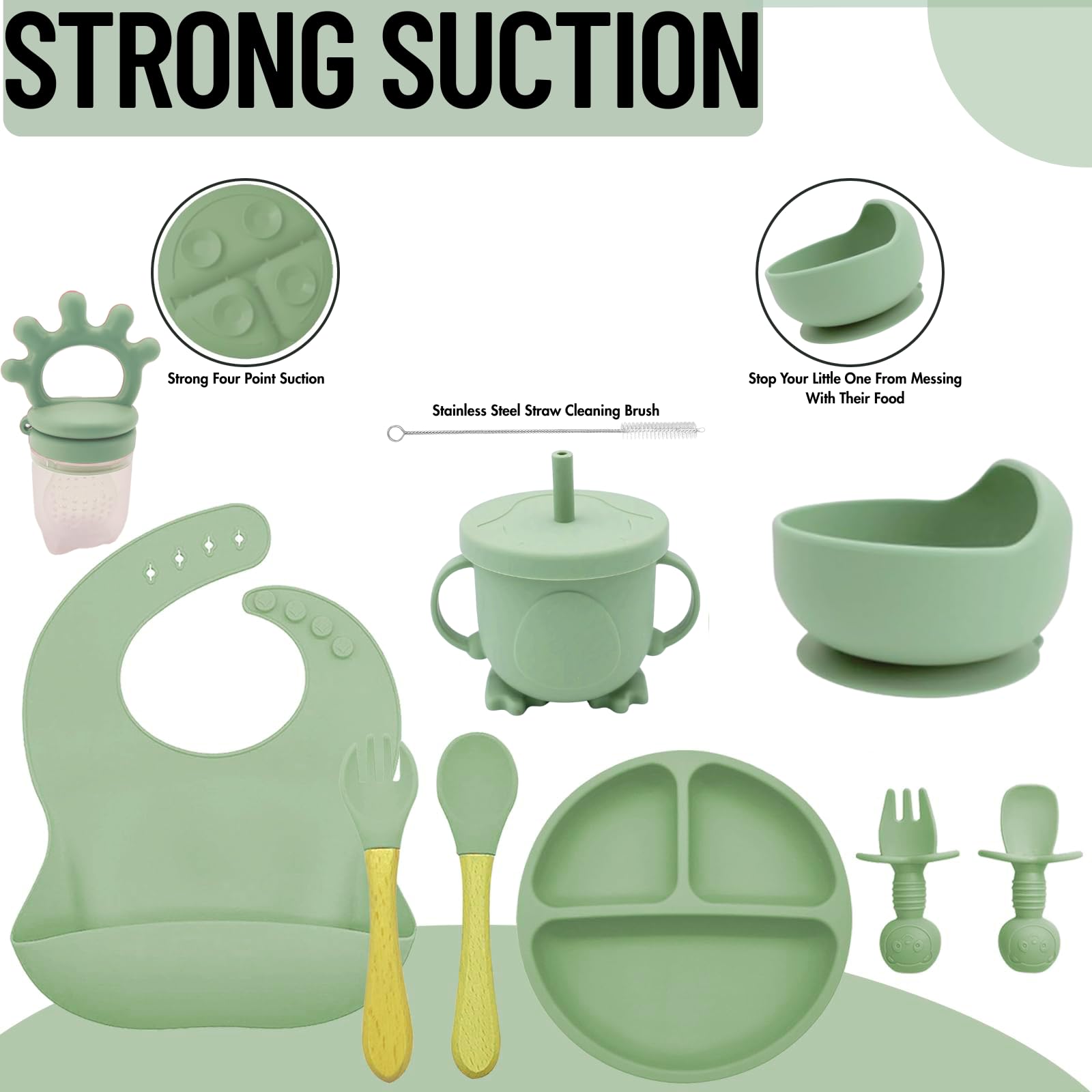 NTL Global Baby Weaning Set (10 Pcs), Silicone Baby Feeding Set including Adjustable Bib & Divided Fruit Plate, Fruit Feeder - Image 3