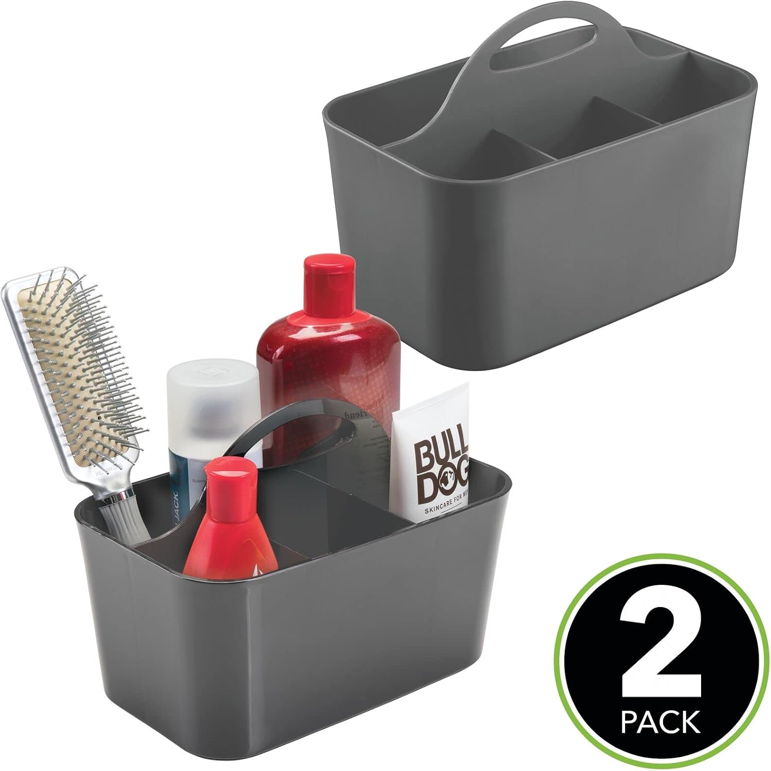 mDesign Small Plastic Shower/Bath Storage Organizer Caddy Tote with Handle - Dorm, Shelf, Cabinet - Soap, Shampoo, Conditioner, Combs, Brushes, Lumiere Collection, 2 Pack, Charcoal Gray