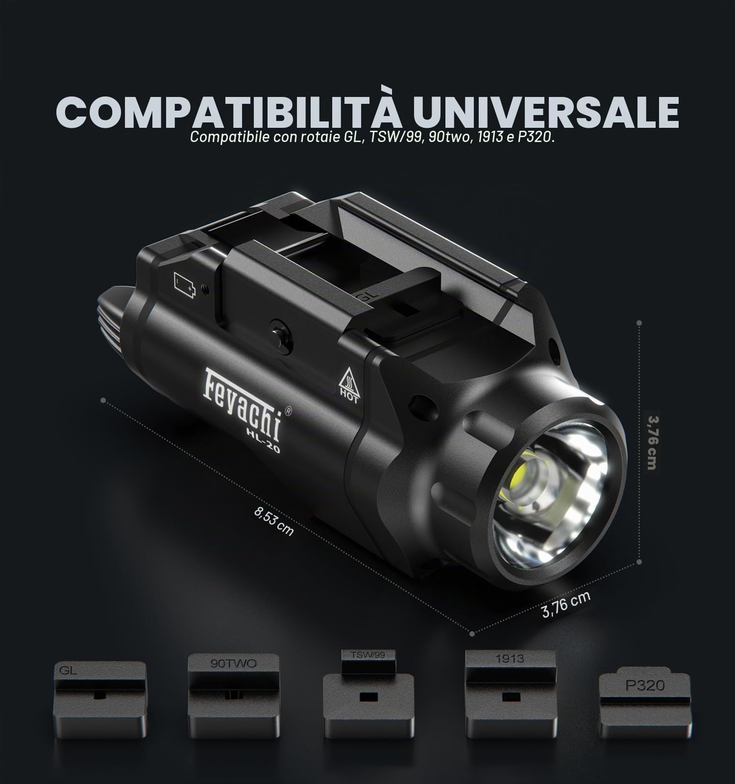 Feyachi HL-20 Torcia da 1500 lumen, LED potenziato, torcia tattica per arma da fuoco, slitta di localizzazione e chiave per Picatinny (Nero)