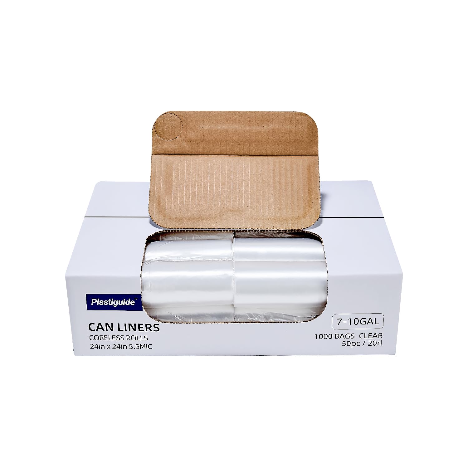 Plastiguide 7-10 Gallon Clear Trash Can Liners, 24'' x 24'', Wholesale 1000 Count, High Density Garbage Bags for Office, Bathroom, Commercial and Industrial Use