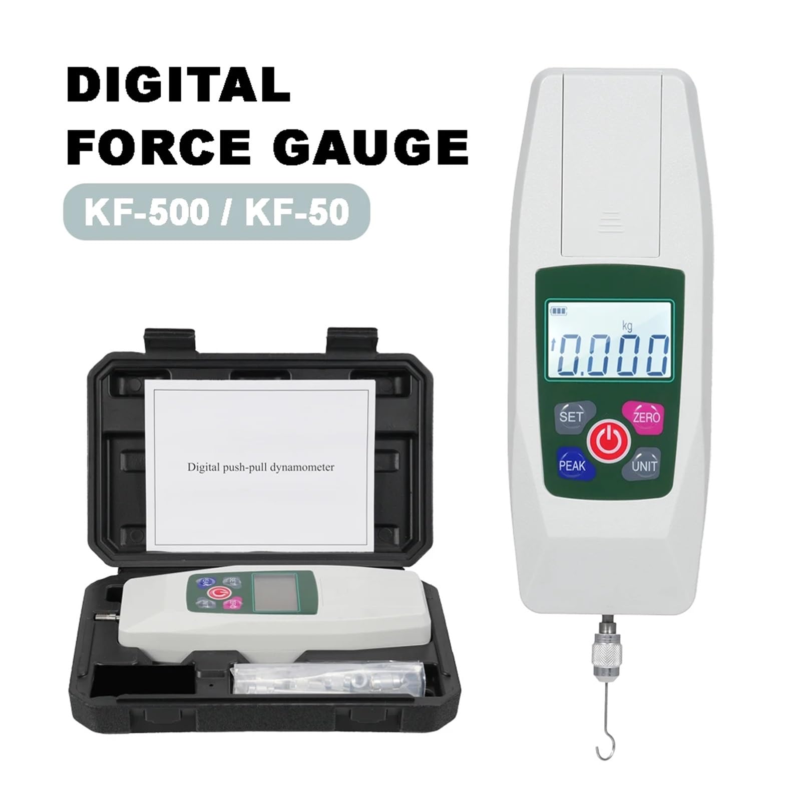 KF-500 Dinamómetro con Pantalla Digital Medidor de Fuerza de tracción de Alta precisión Medidor de tensión Rango de medición 500N 50 kg 110 LB 1800 oz - Dinamómetro(KF-500)