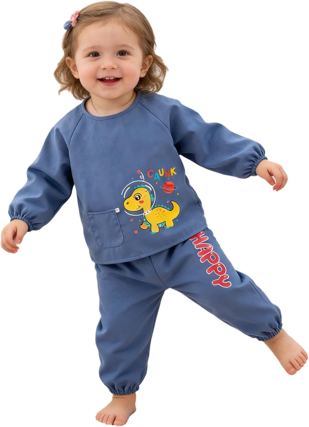 Alvivi Coordinated Baby Outfit Waterproof Top and Pants Set 2-piece Painting Clothes Full Body Anti-stain Coverall Blue Dinosaur 6-12 Months