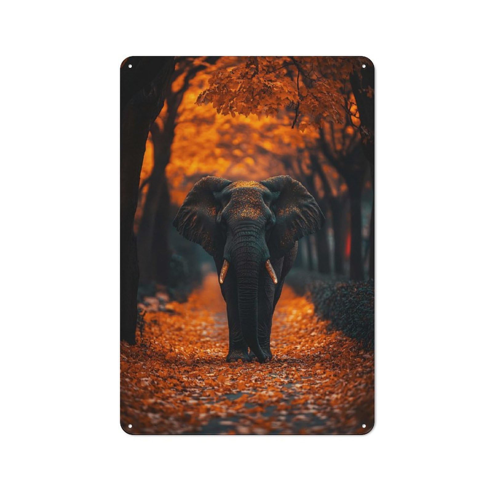 Junmoney Style-22 Retro Metal Plaque 30X20cm Featuring Elephant In Autumn Forest For Workshop Wall, For Metal Sign Collectors, For Garage And Workshop Walls