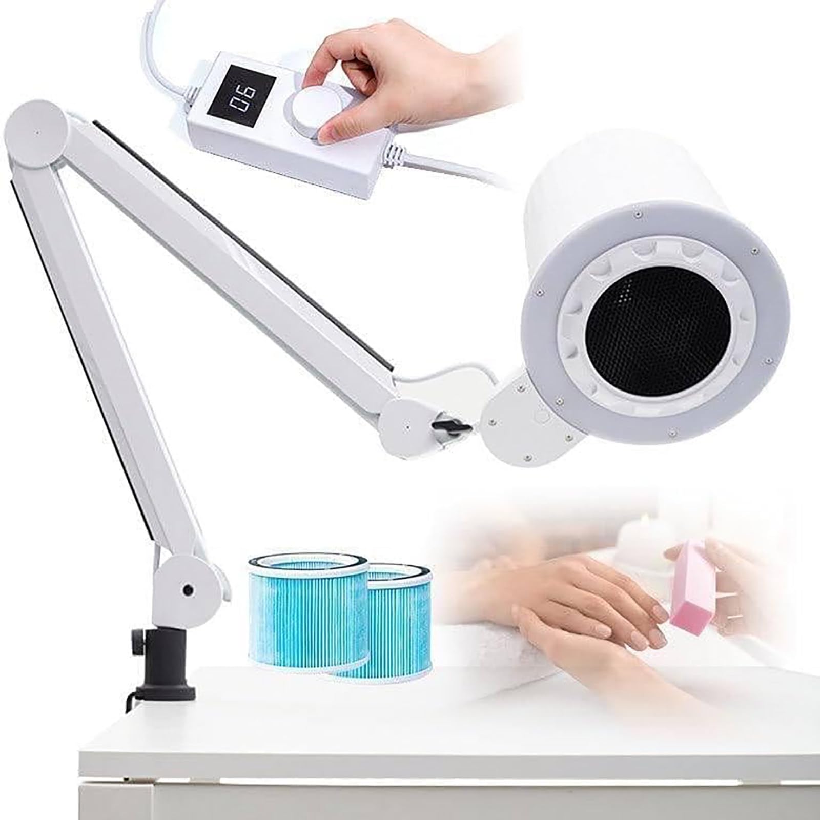 Aspirapolvere Professionale da Tavolo per Unghie da 80W, Aspirazione Potente, con Filtro Riutilizzabile, 10 velocità, con Luce LED (modalità Luce/Luminosità Regolabile)
