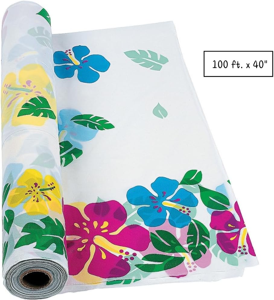 Fun Express Hibiscus Plastic Table Cloth Disposable Roll 100 Feet - Hawaiian Luau Party Decorations & Tropical Tiki Decor | Floral Tablecloth Cover for Summer Beach Birthday Party Supplies