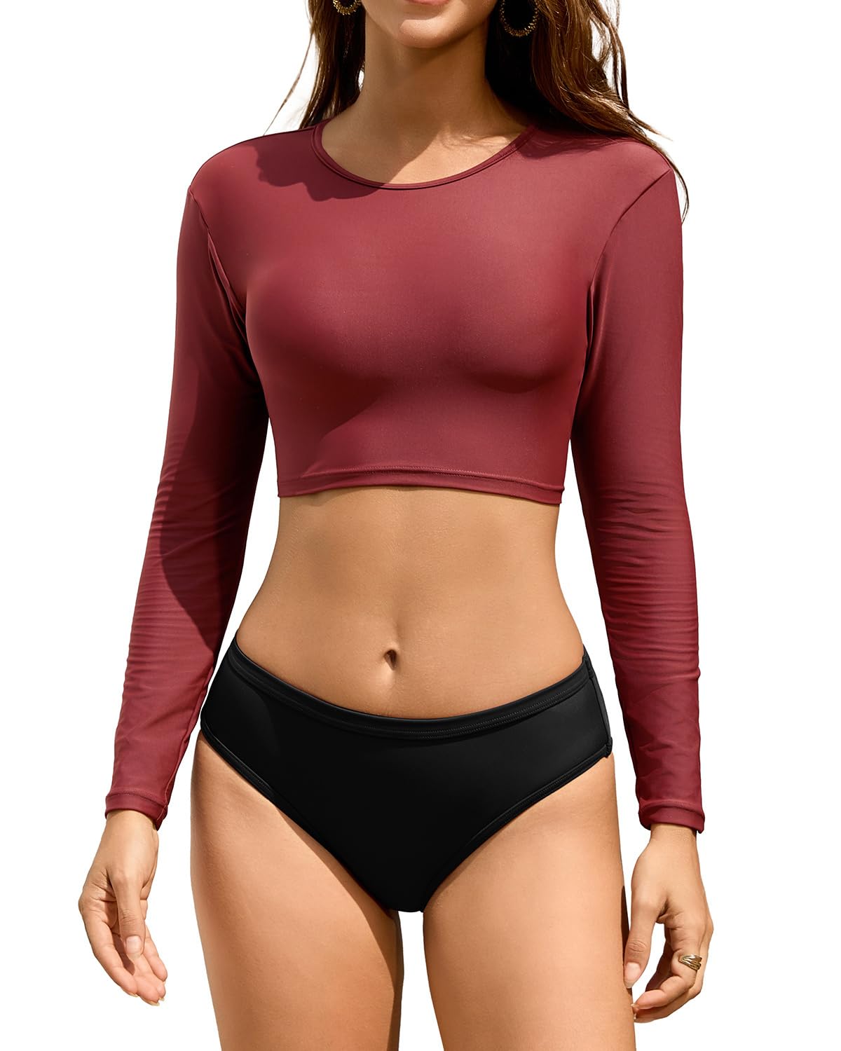 Women Two Piece Long Sleeve Swimsuits Rash Guard Bathing Suit Sun Protection Crop Top with Swim Bottom-image-4