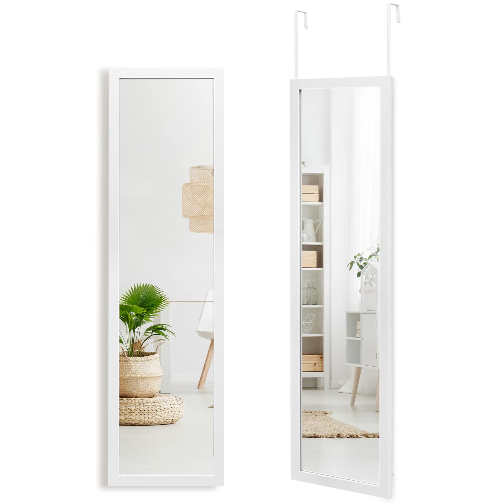 GYMAX Specchio da Parete a Figura, 119 x 33 cm, con Ganci Antiruggine e Adesivi, Specchio Verticale da Porta Antinfortunistico per Camera da Letto Soggiorno Spogliatoio (Bianco)