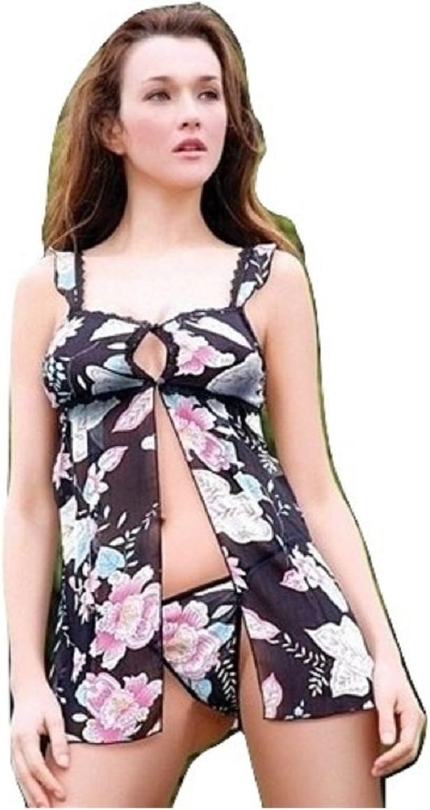 Sensual Mystique Black and Pink Floral Print Babydoll and G-String Lingerie Set Size Small