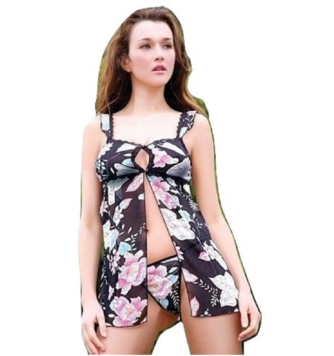 Sensual Mystique Black and Pink Floral Print Babydoll and G-String Lingerie Set Size Small