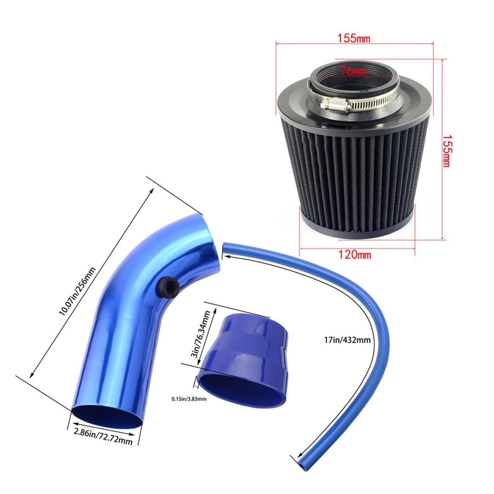 3 "76mm Universal Car Racing układ dolotowy zimnego powietrza Turbo zestaw rur indukcyjnych aluminium ze stożkowym wlotem filtra powietrza (Color : Blue)