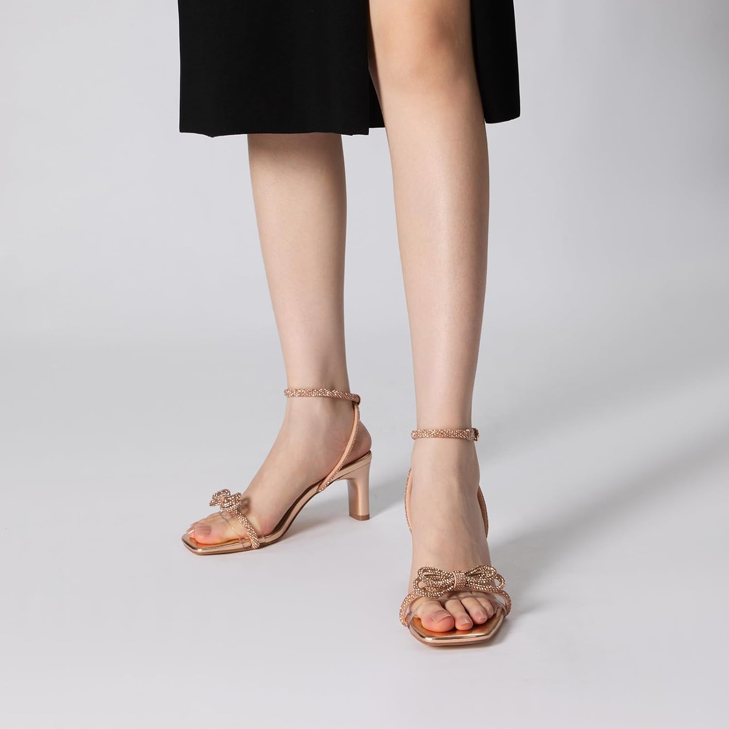 Athlefit Women's Rhinestone Bow Heels Clear Open Square Toe Block Heels Buckle Heeled Sandals for Party Wedding - Image 2