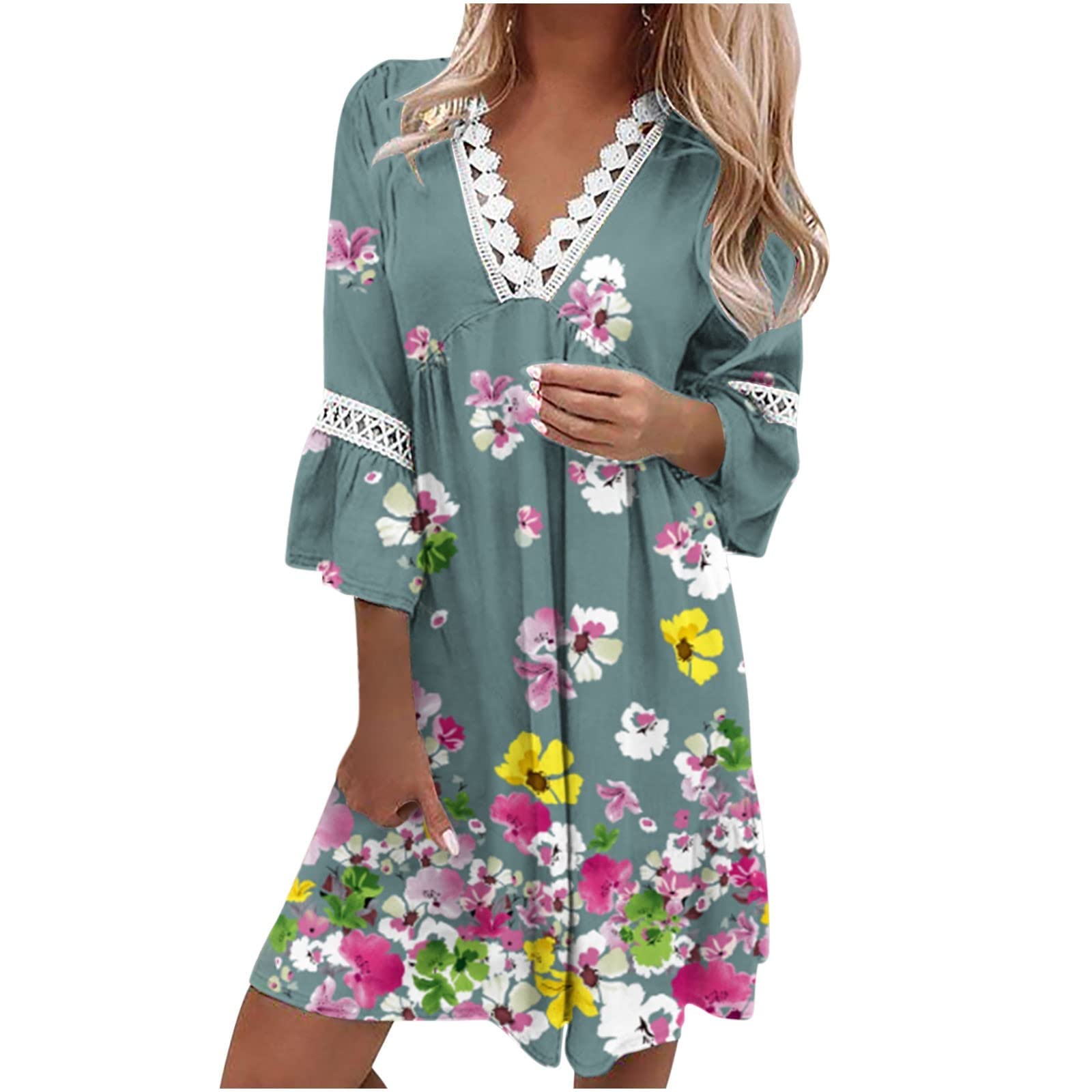 Lmzaren Women's Wrap Comfortable Gown Fashion Temperament Elegant Fresh Printed Dresses V-Neck 3/4 Sleeves Mini Dress