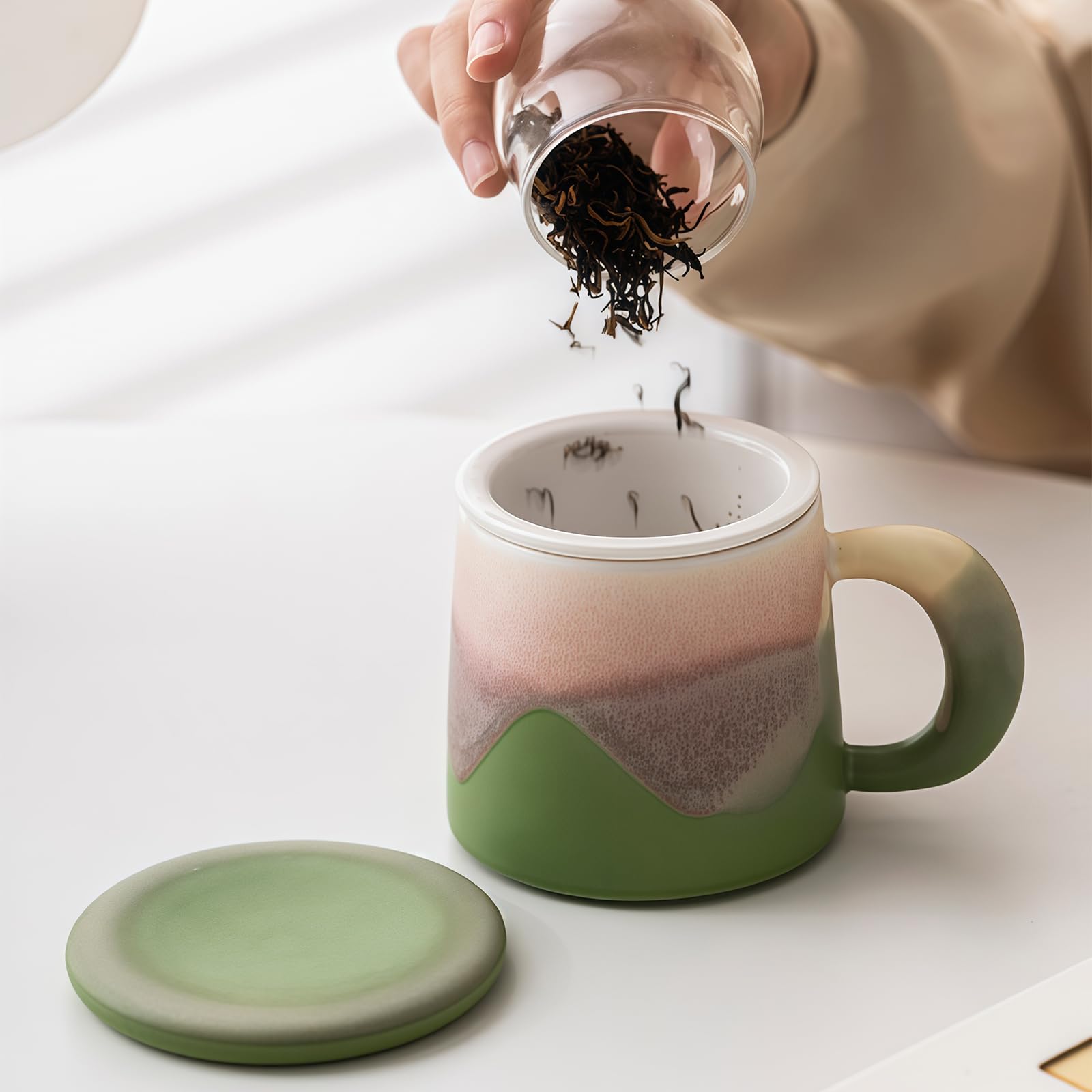 Taza de té con infusor y tapa, taza de té de cerámica de hojas sueltas, 350 ml, ideal para preparar café y té