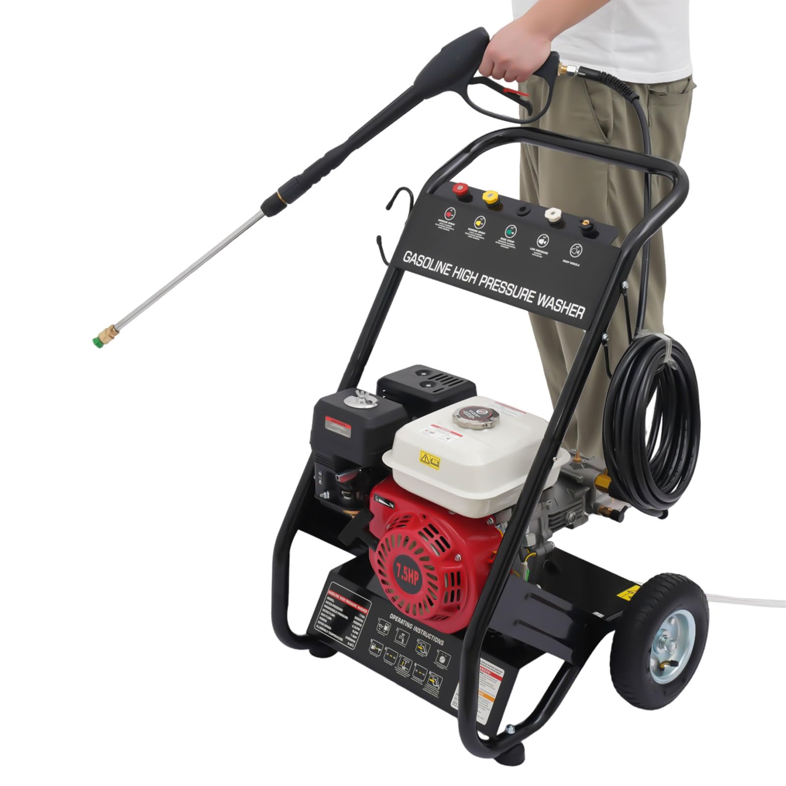 Benzynowa myjka wysokociśnieniowa 2200 PSI 7 KM 5 dysz 170-190 bar | Z pompą osiową, moc tłoczenia 2,3 Gpm, opony pneumatyczne, zbiornik na mydło i szybkozłączka do wszechstronnego czyszczenia