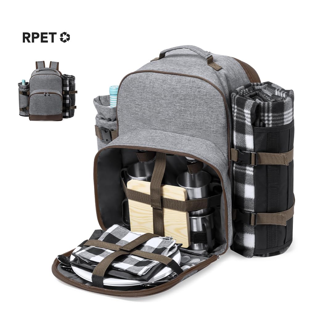 Mochila Nevera Picnic 4 Servicios | 32 Piezas | Incluye Manta 120x150 cm, Botellero, Tabla de Corte, Cubiertos y Vajilla | Diseño Premium en RPET | Extra PosaMóvil