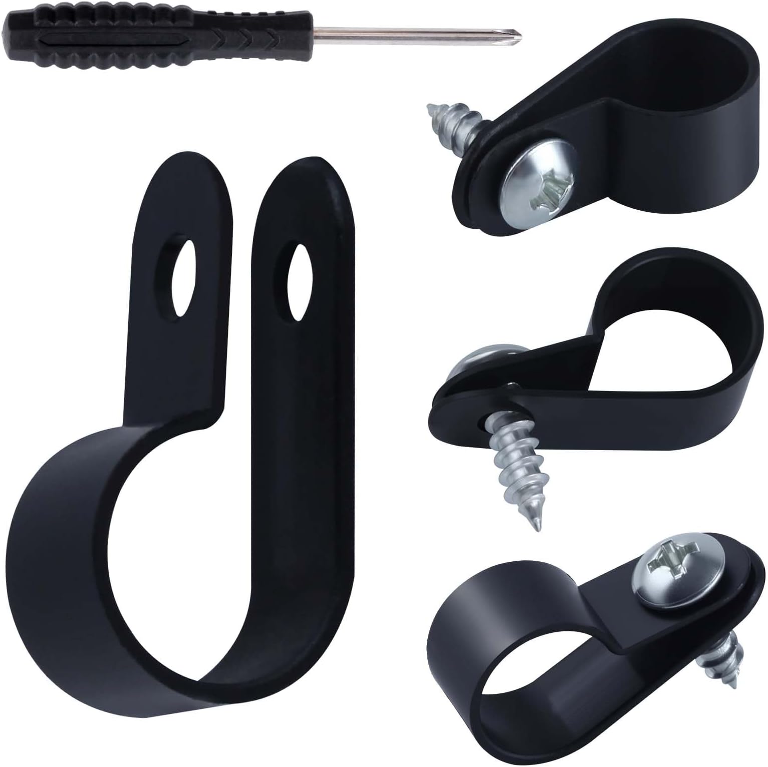 100 Pack 1/2 Inch Rope Light Clips with Screws, R-Type Cable Clip Wire Clamps Plastic Nylon Screw Mounting Cord Fastener Clips, Outdoor Cable Clamps Cable Screw Clips for Wire Management