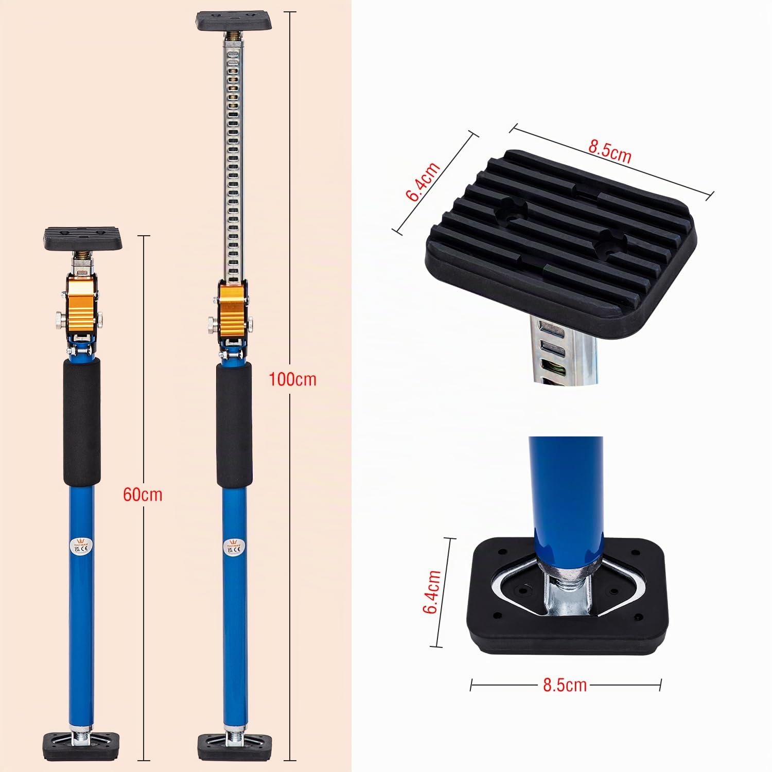 TOPWAY Pack 2 puntales telescópicos para placa de yeso 600‑1000 mm – soporte de techo ajustable rápido de acero para encimeras, marcos de puertas – carga hasta 60 kg