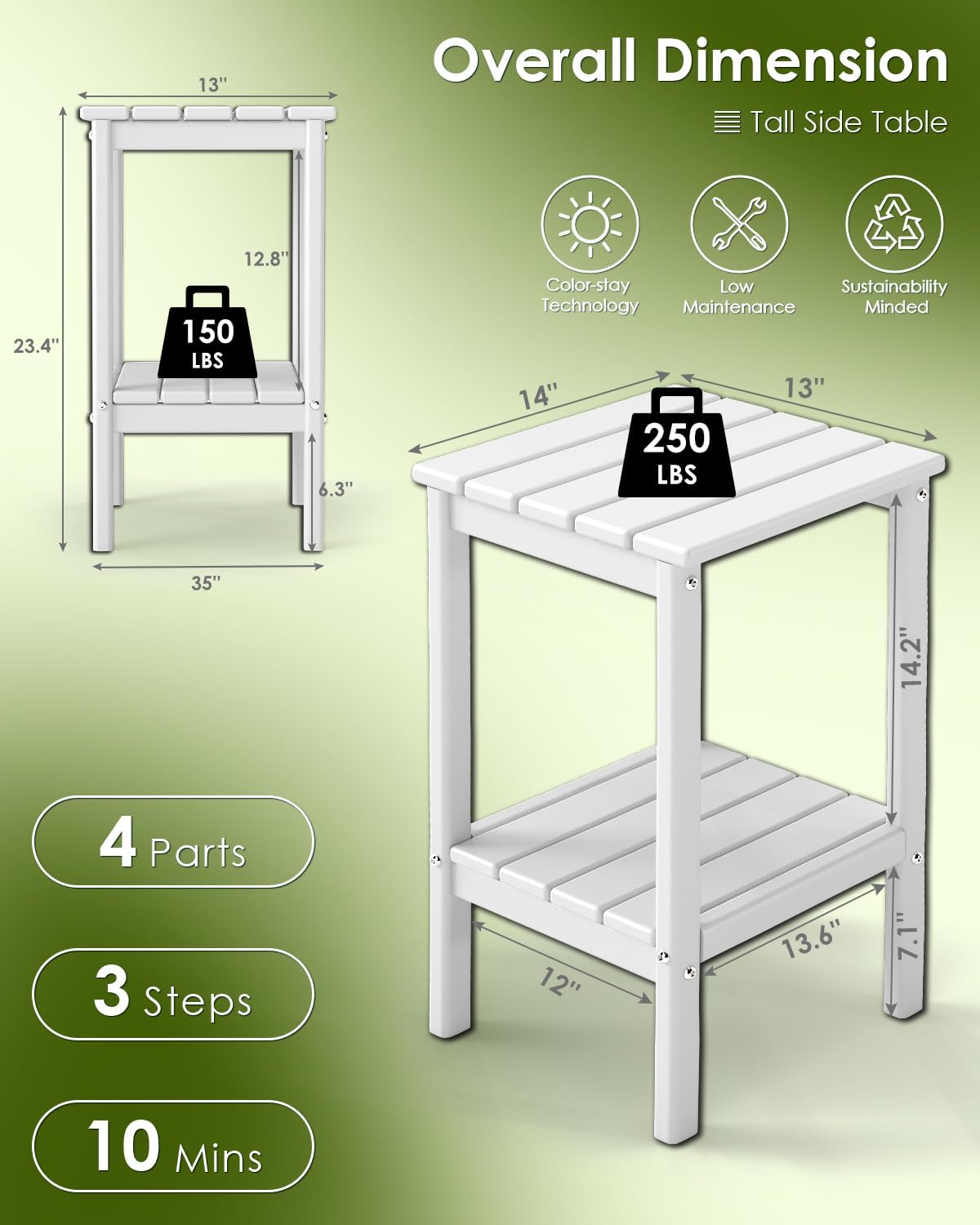 GREENVINES Tall-Outdoor-Side-Table Set of 2 | 23.5" | HDPE Plastic | Patio Adirondack End Tables | All Weather | 2-Tier | White | for Porch Garden Indoor & Rocking Chairs