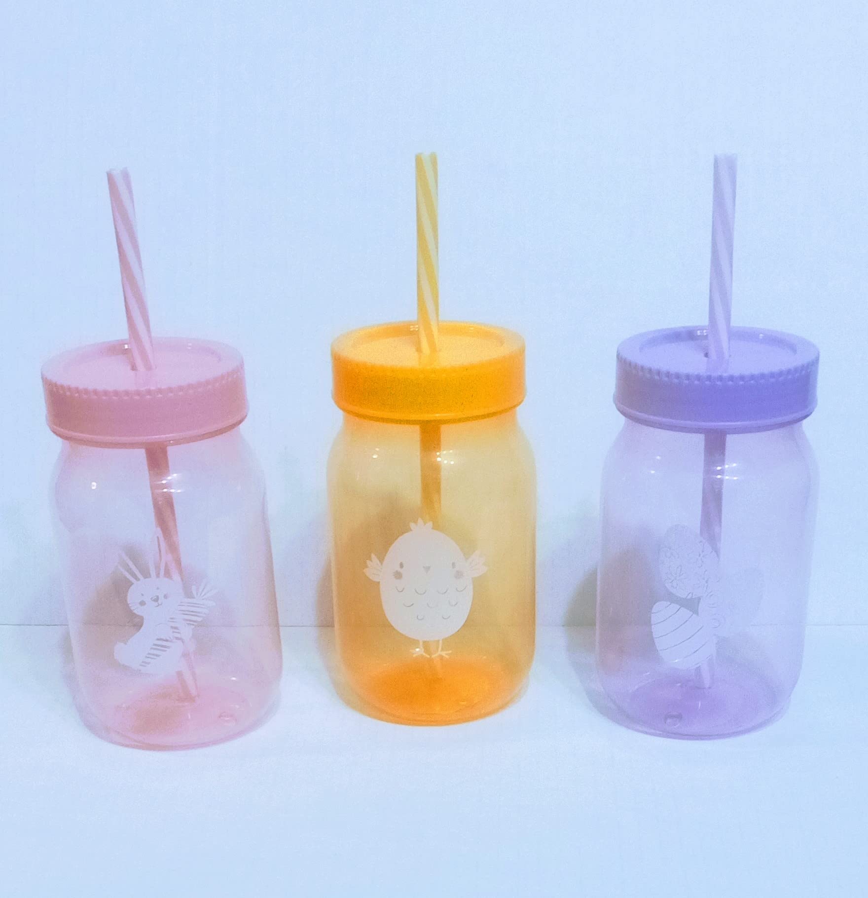 JF- Happy Easter Mason Jar Plastic Bottle w/Lids & Straws 16oz, Water Bottle Tumblers Kids Easter Basket Filler Party Favors Set of 3 Colors Soft Pink, Bright Yellow & Lavender Set of 3