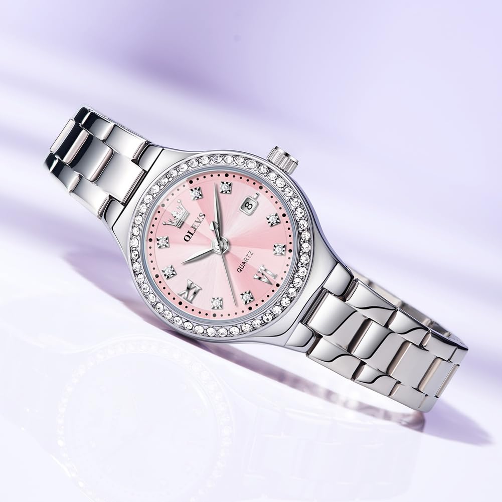OLEVS Damen-Armbanduhr, Diamant, modisch, analog, Quarz, Edelstahl, wasserdicht, leuchtend, zweifarbig, Armbanduhr für Damen