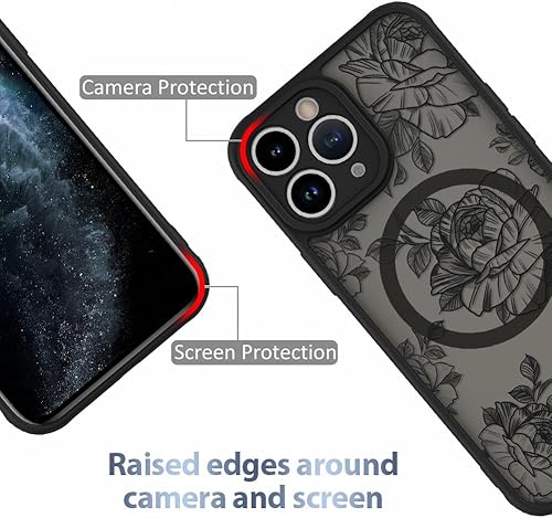 Miniatura 2 de AIGOMARA Funda para iPhone 11 Pro Max Compatible con MagSafe Diseño de patrón floral de flores negras para mujeres y niñas, de TPU suave,
