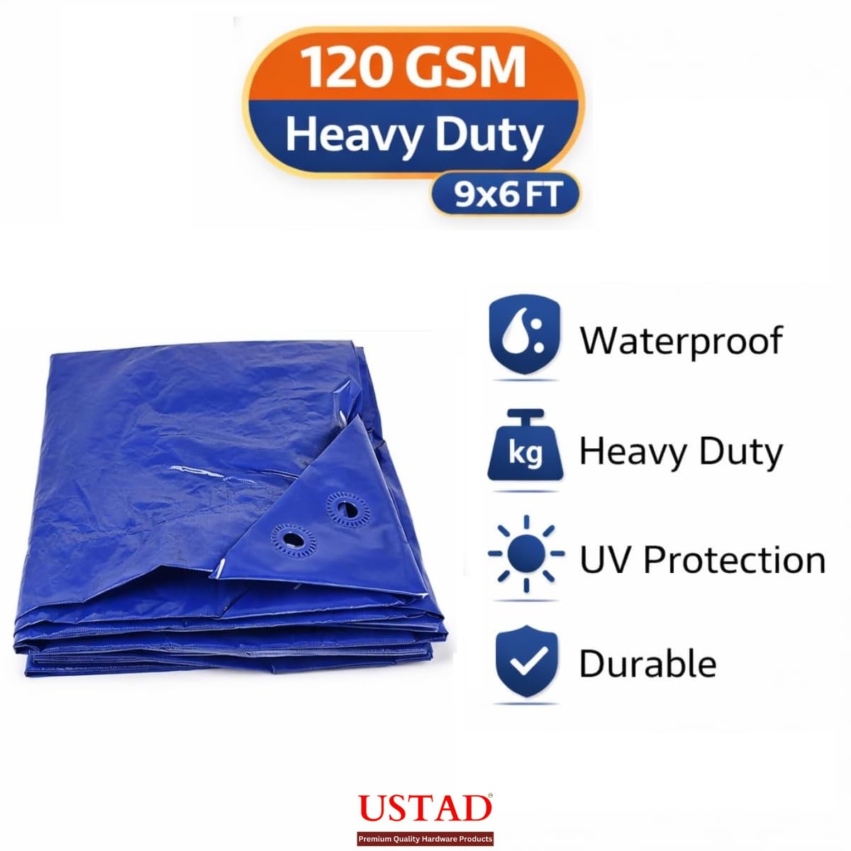USTAD Waterproof Tarpaulin Sheet 9 x 6 Ft | 120 GSM Blue UV Resistant Tirpal/Tadpatri | Heavy Duty, Tear-Proof, Reusable Cover with Eyelets for Roof, Outdoor, Camping & Vehicle Use — Amazon image 3