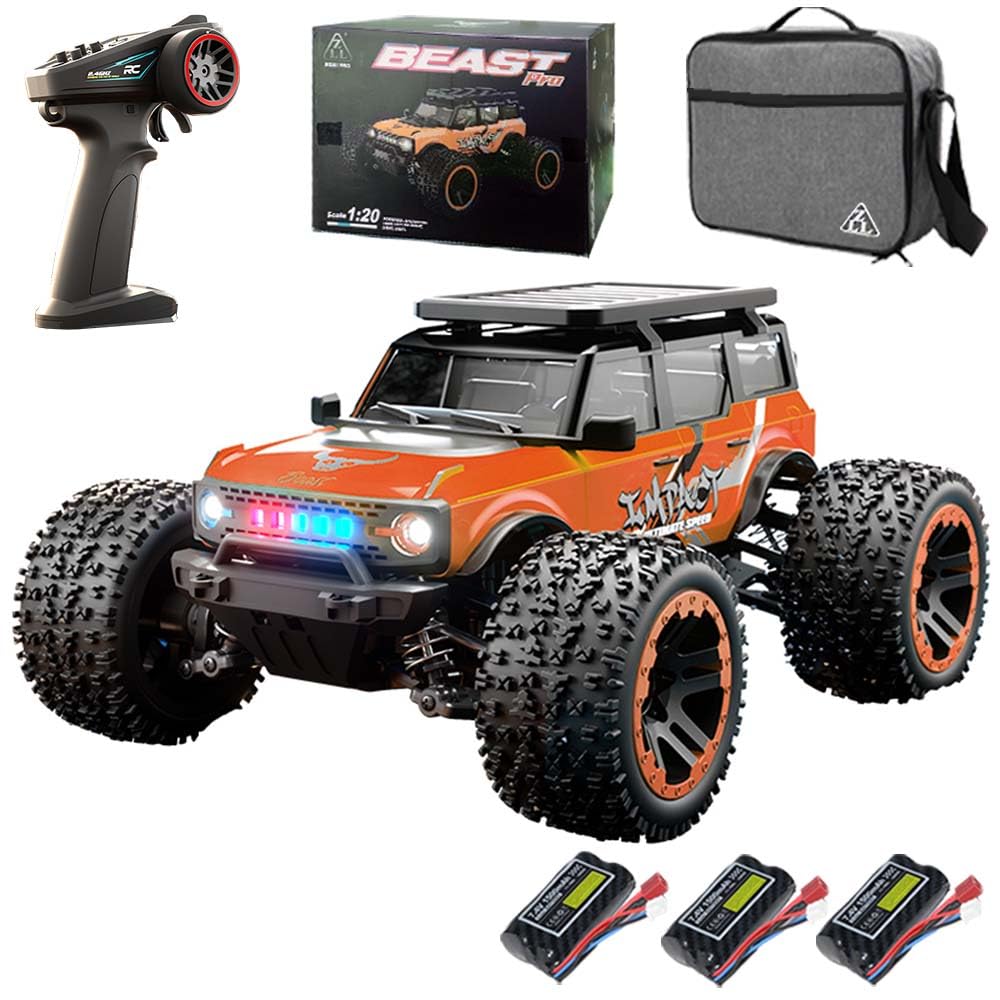 Zdalnie sterowany samochód 1/20 4WD Monster Truck 40 km/h, 2,4 GHz RC Offroad Race Buggy dla dorosłych, wodoszczelny samochód RC, 3 baterie (pomarańczowy)