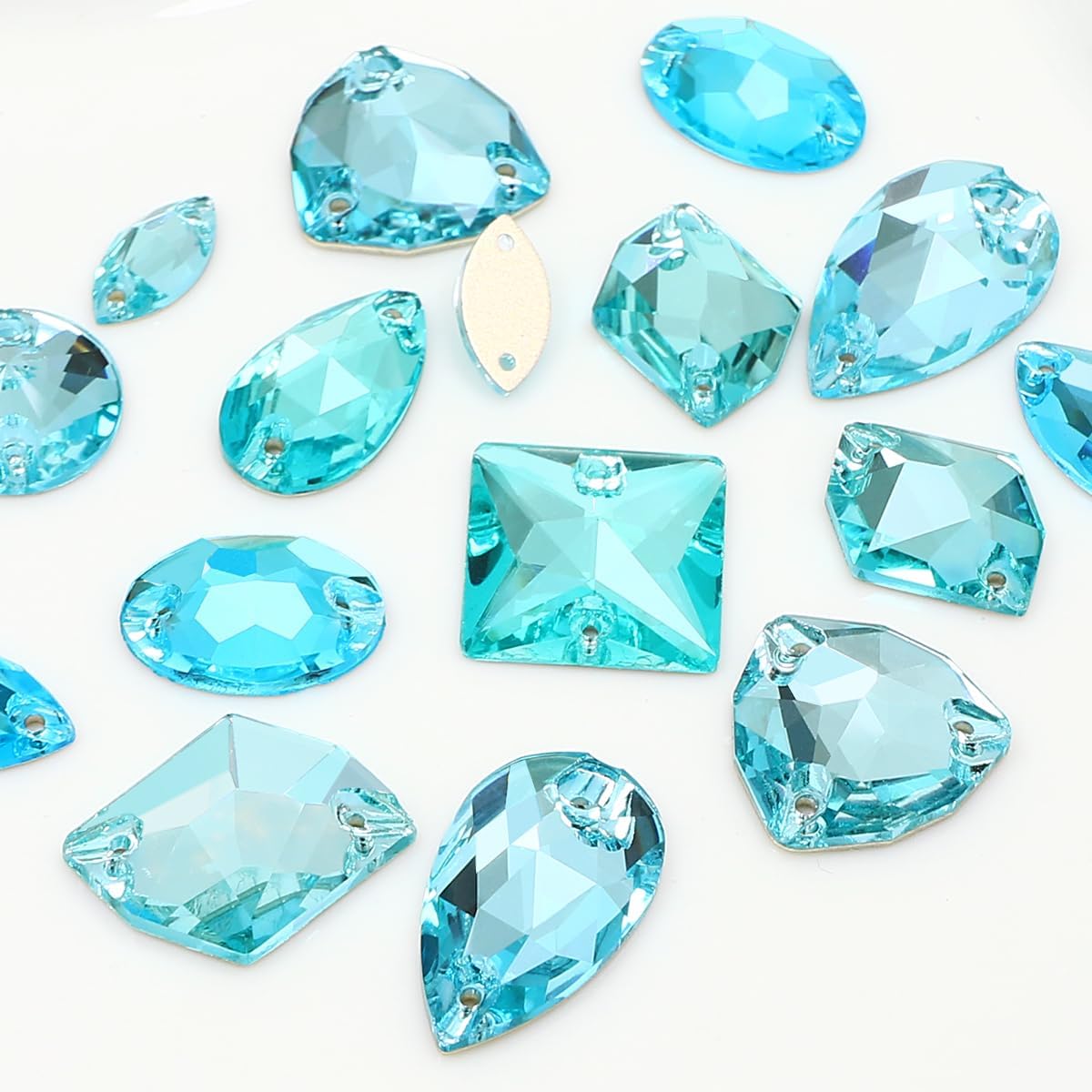 Sew On Glass Rhinestone,87Pcs Mix Shape Sew On Crystal Flatback Sewing Gems with Holes for Clothes Shoes Dress Costume Garment DIY Crafts，Aquamarine