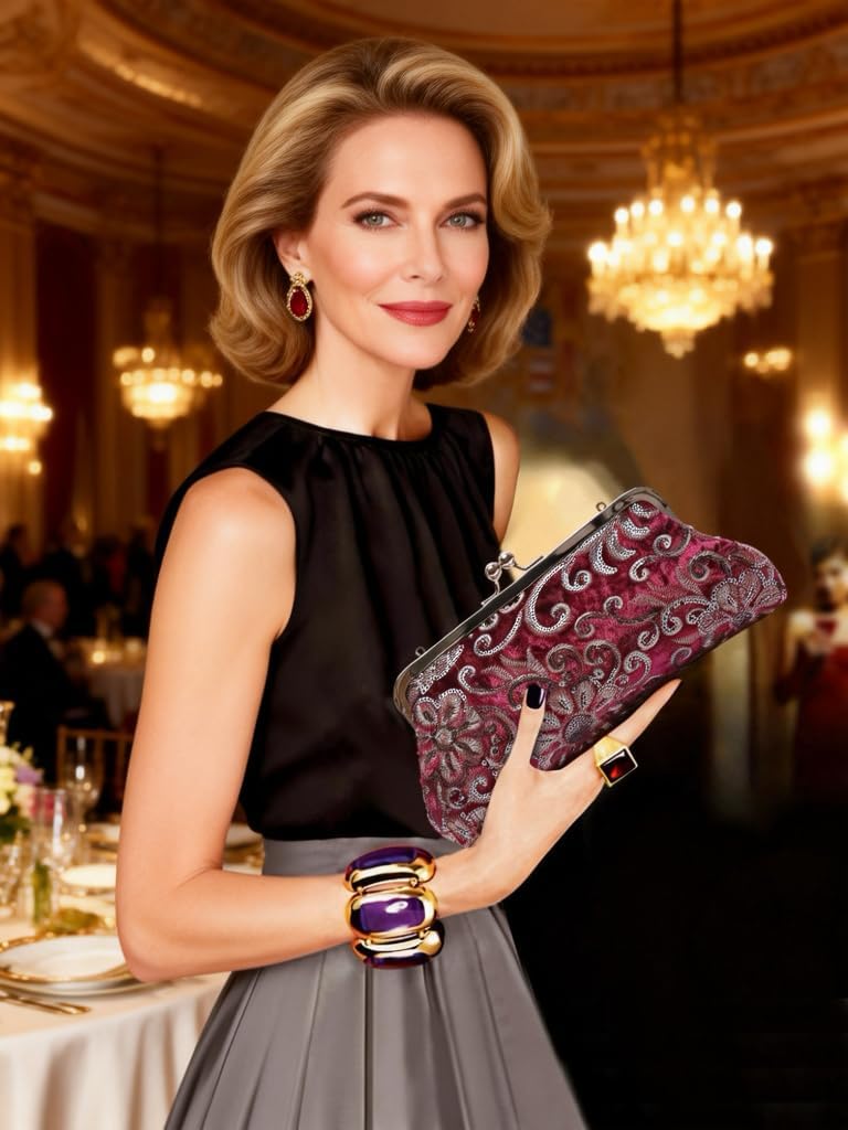 Velvet Sequin Clutch for Women Kiss Lock Evening Bag Elegant Formal Handbag for Wedding Prom Cocktail Party