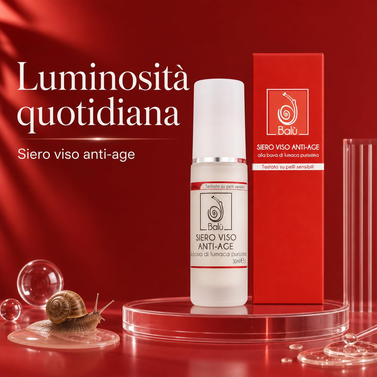 Balù Siero Viso Anti Age alla Bava di Lumaca Purissima con Aloe Vera | Siero Idratante, Illuminante e Levigante | Made in Italy | 30 ml