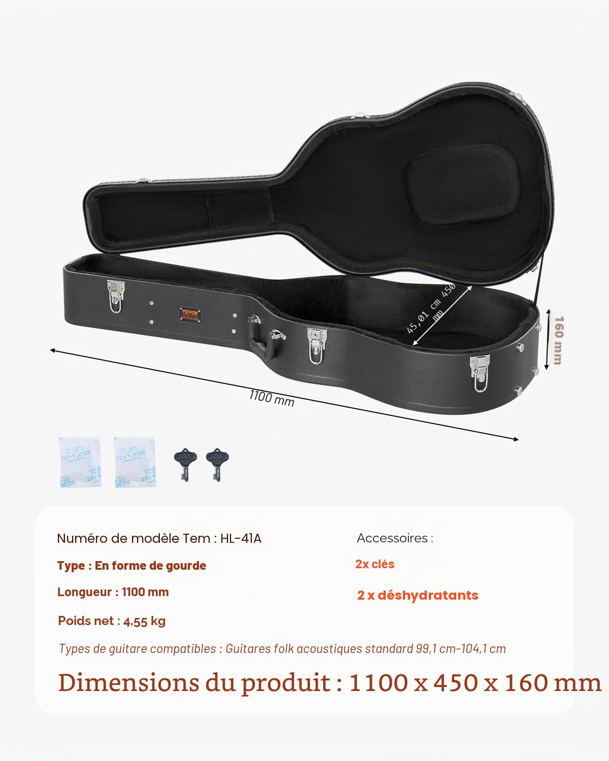 VEVOR Étui Guitare Acoustique Rigide Forme Gourde 1100 mm avec Verrouillage Clés, Poignée, Rembourrage PVC, Doublure Souple, Résistants à l'Eau, pour Guitares Acoustiques de 39-41 po 99-104 cm, Noir