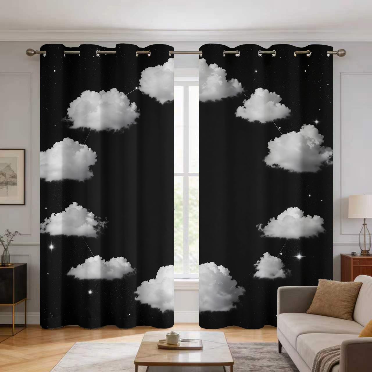 Rideau Occultant Nuages Étoiles, 140x240 (L x H) | Motif Ciel Nocturne Galaxie, Lot de 2 Rideaux Thermiques à Oeillets, Decoration Salon Chambre