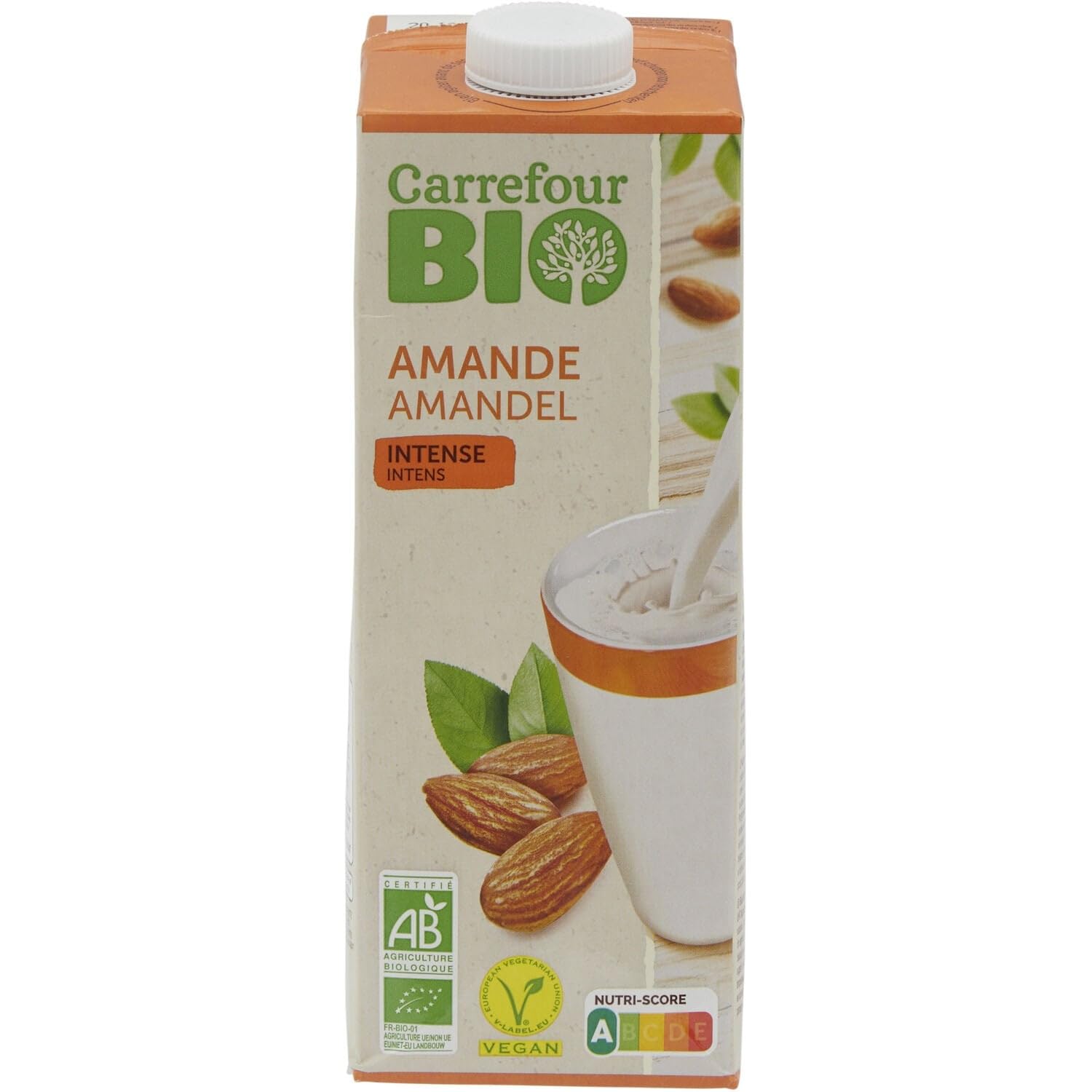 CARREFOUR BIO Boisson Végétale Amande Intense Bio - Format 1L en Brique Carton avec Bouchon Vissé - Sans Lait, Vegan et Nutri-Score A - Lot de 4
