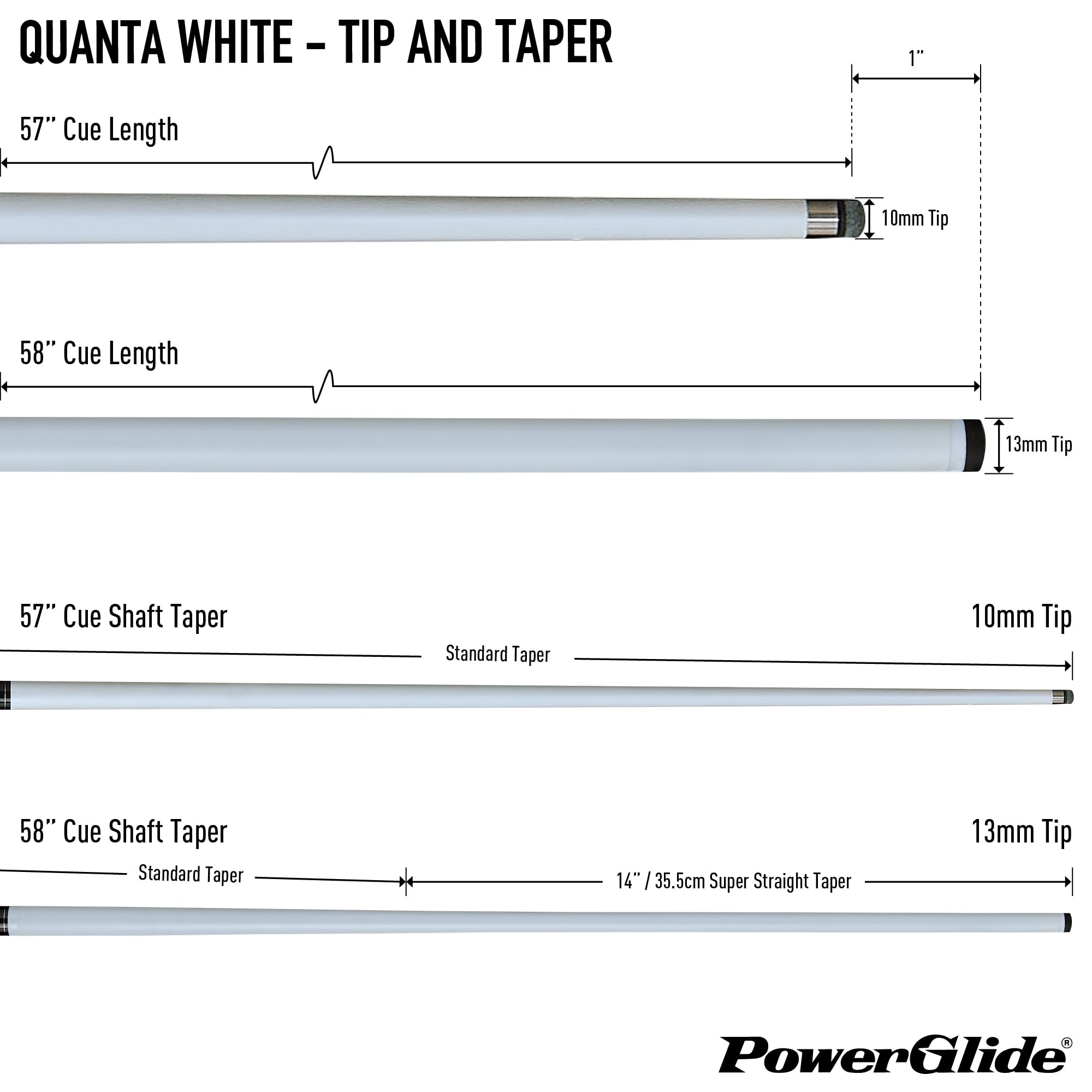 POWERGLIDE Quanta Pool-Queue, 3K Carbon- und Verbundverstärkter Schaft und Hintern, Edelstahl-Schnellspann-Uni-Loc-Gelenk, Mattes EasyGlide-Schaft-Finish, 10 mm Spitze, volle Größe, 144,8 cm
