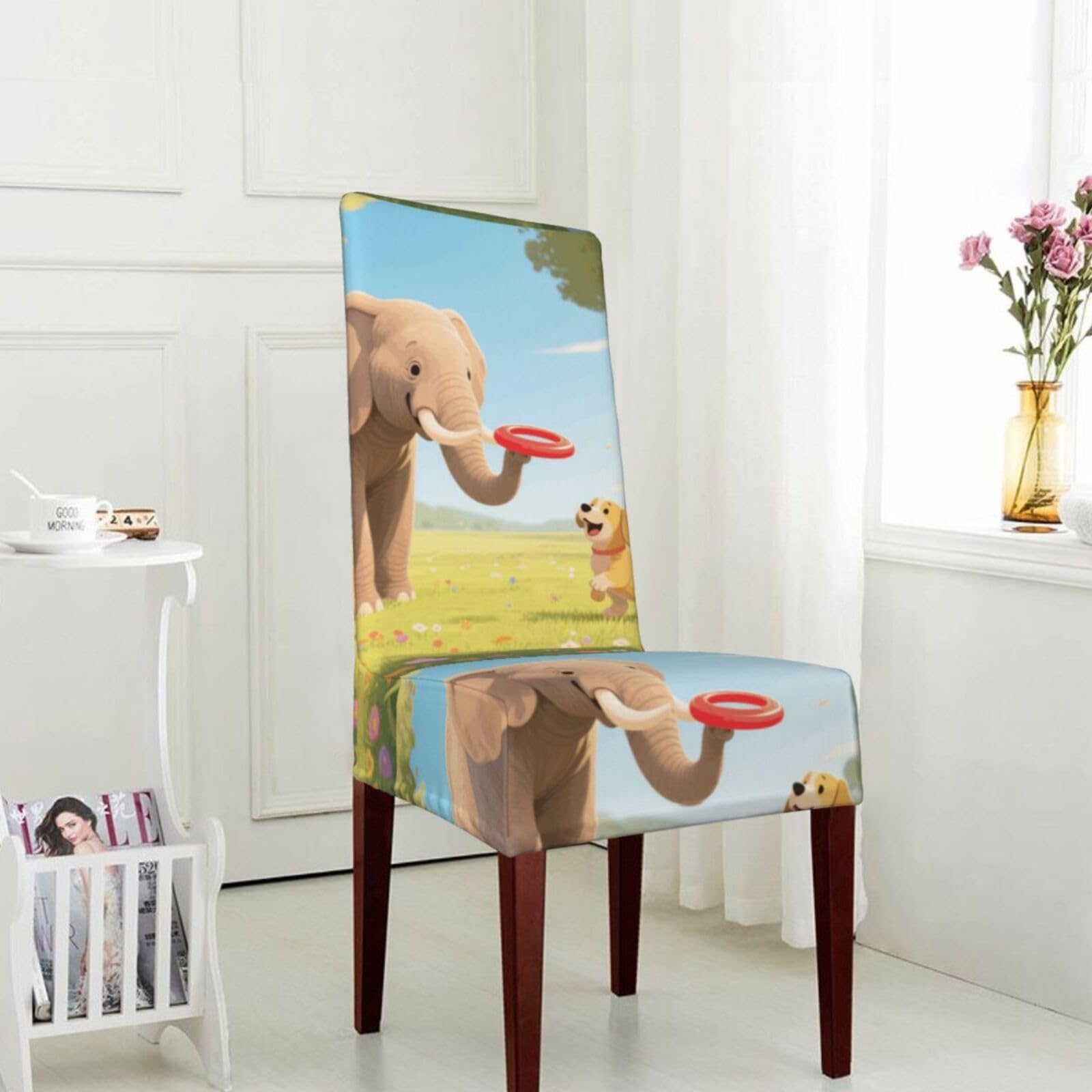FekiLoot Stretch Dining Room Chair Covers Removable Washable Parsons Chair Slipcovers Elephant and Dog Chair Seat Protector Cover for Hotel, Office, Ceremony, Banquet, Wedding Party