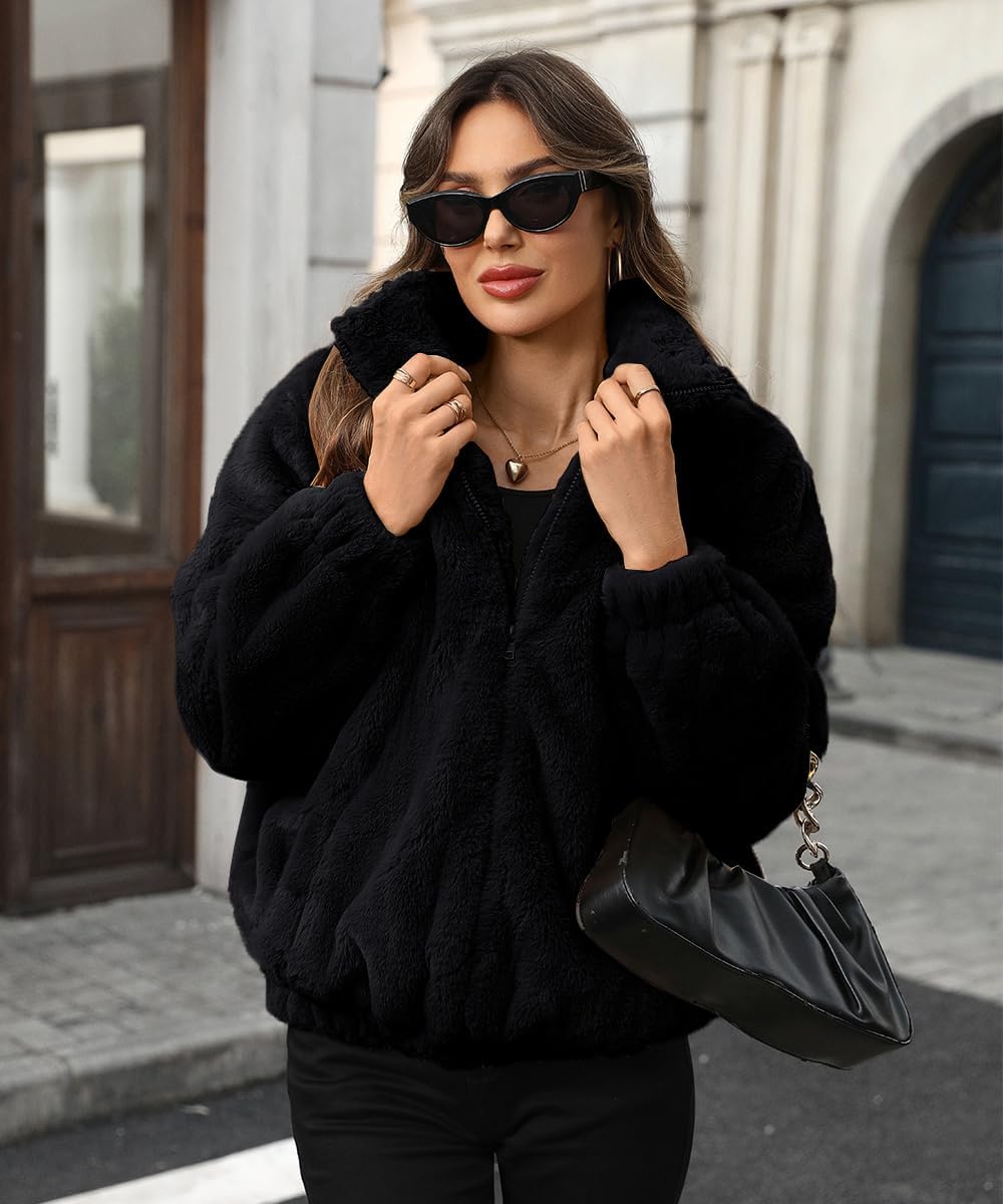 Women's Faux Fur Lapel Fashion Short Fluffy Zip Up Jackets Fall Winter Cropped Warm Coat - Image 5