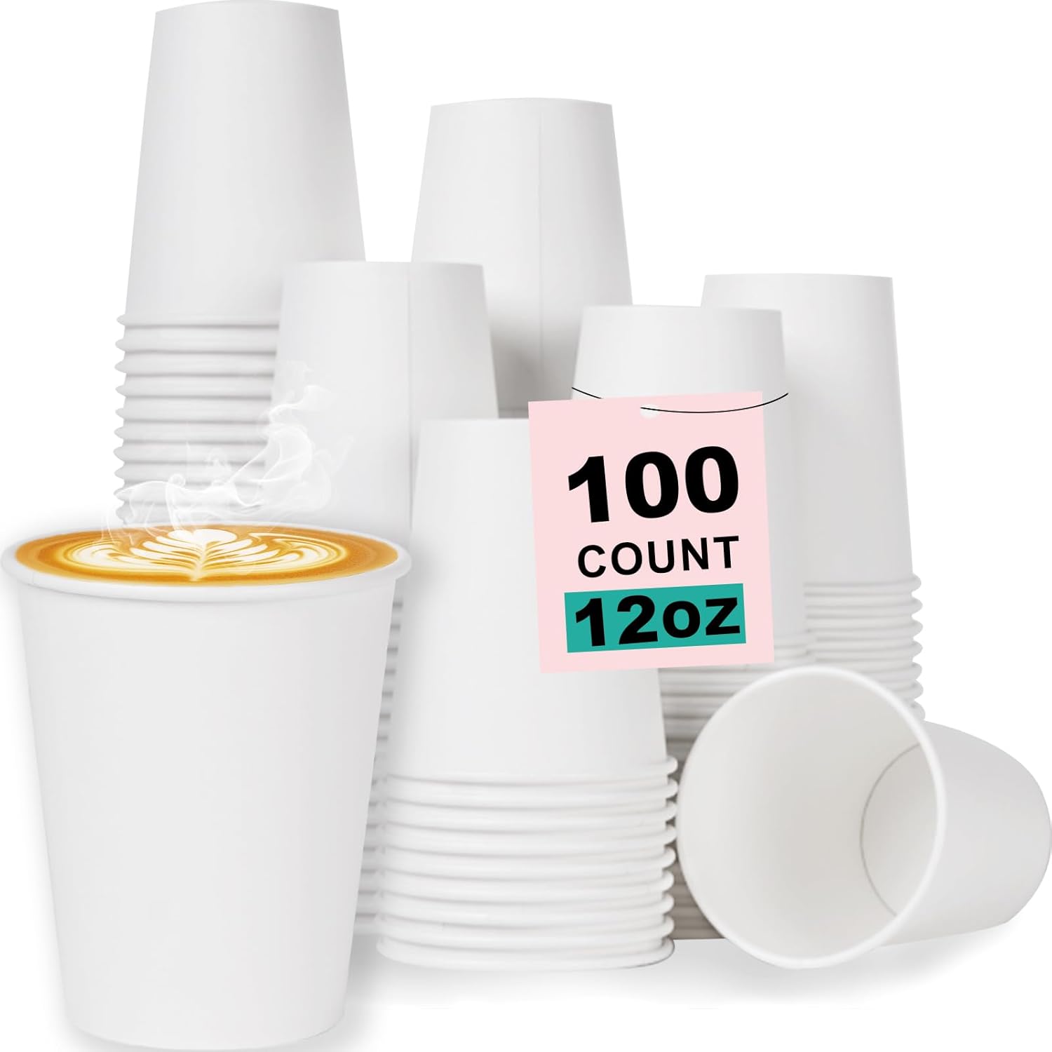 Paper Coffee Cups 12 OZ Disposable Hot and Cold Cups, Leak-Proof White Cups for Coffee, Tea, Ideal for Home, Office, and Events (100 Count)
