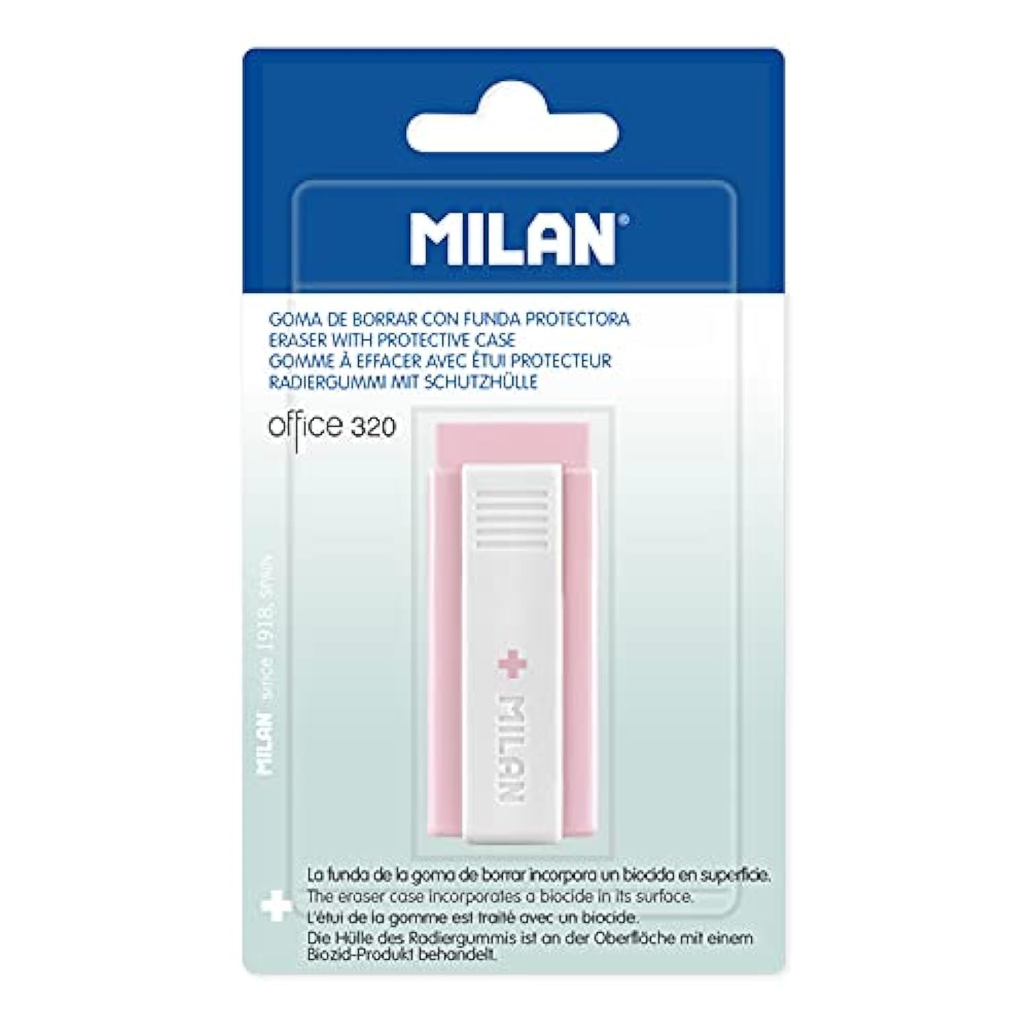 MILAN Blíster 1 goma con funda Office 320 rosa, Edición +