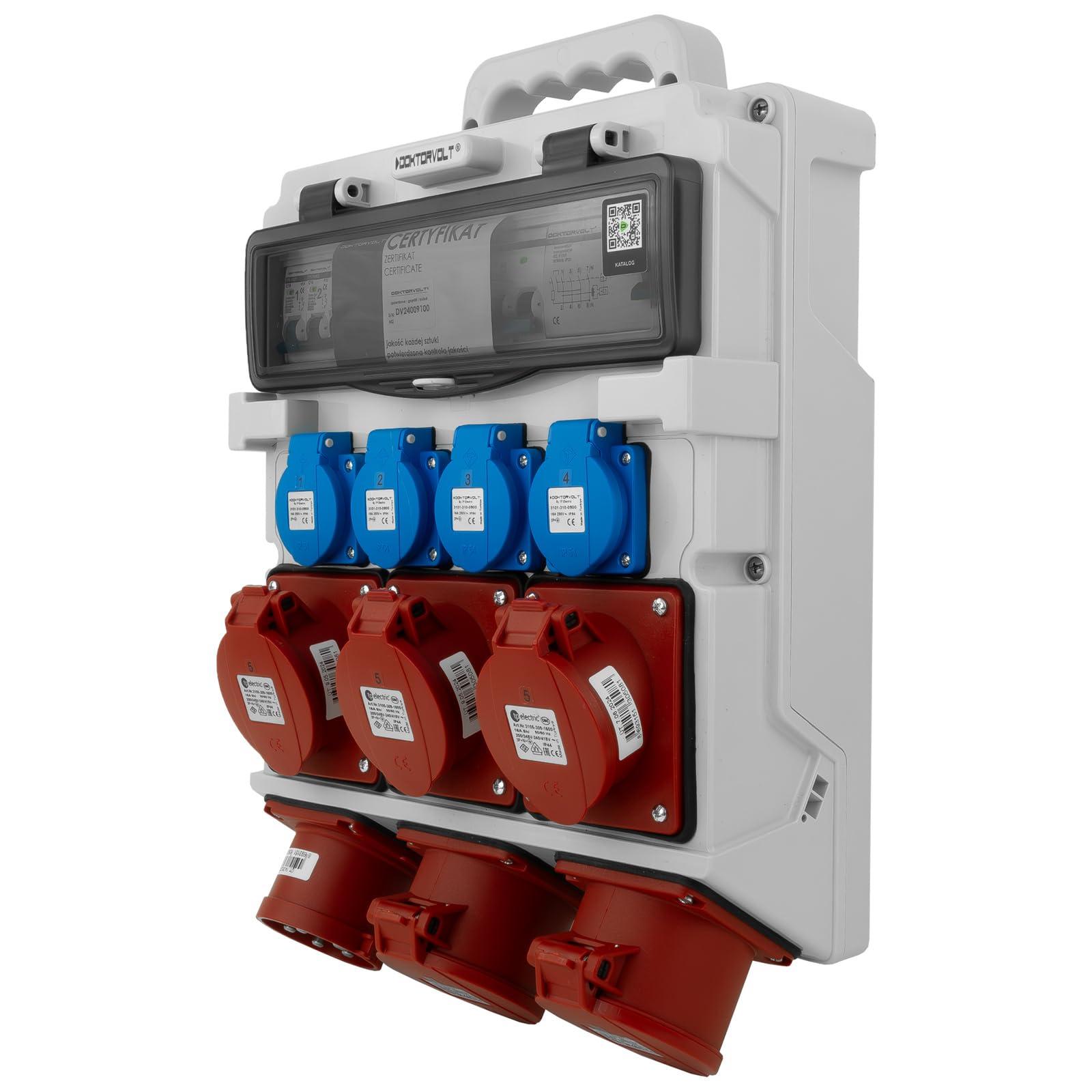 Doktorvolt Stromverteiler Baustromverteiler 3x16A 2x32A CEE 4x230V mit Handgriff und Anbaustecker DV-5053-D TR-S/FI