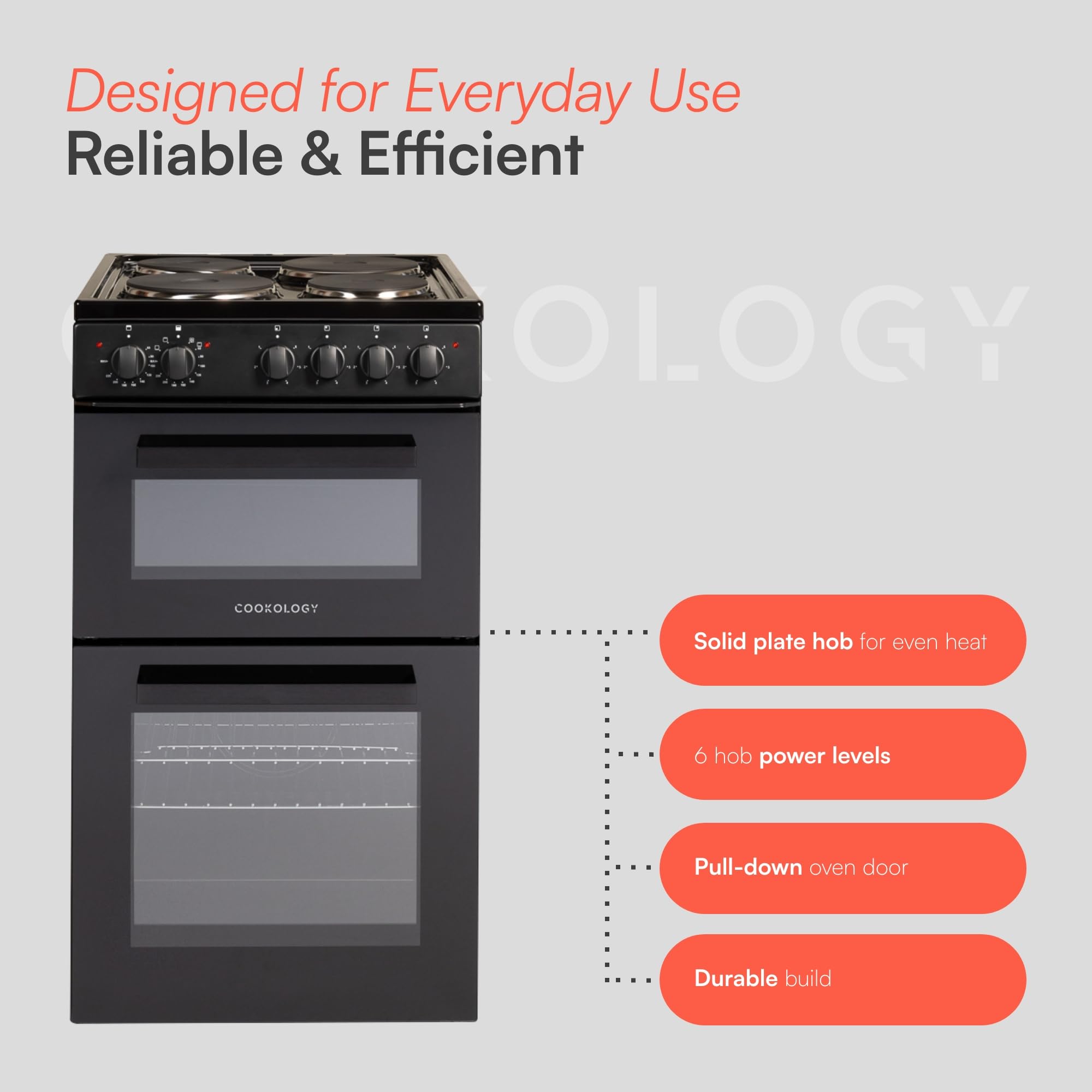Cookology CFSPTC502BK 50cm Wide Freestanding Electric Twin Cavity Cooker, Combined 93 Litre Capacity with 4 Zone Solid Plate Top Hob Cooktop - in Black — view 6
