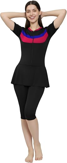 MEGASKA Women Color Block Knee Length One Piece Swimsuit with Removable Chest Pads Front Zipper Frock Style Design Swimmin...
