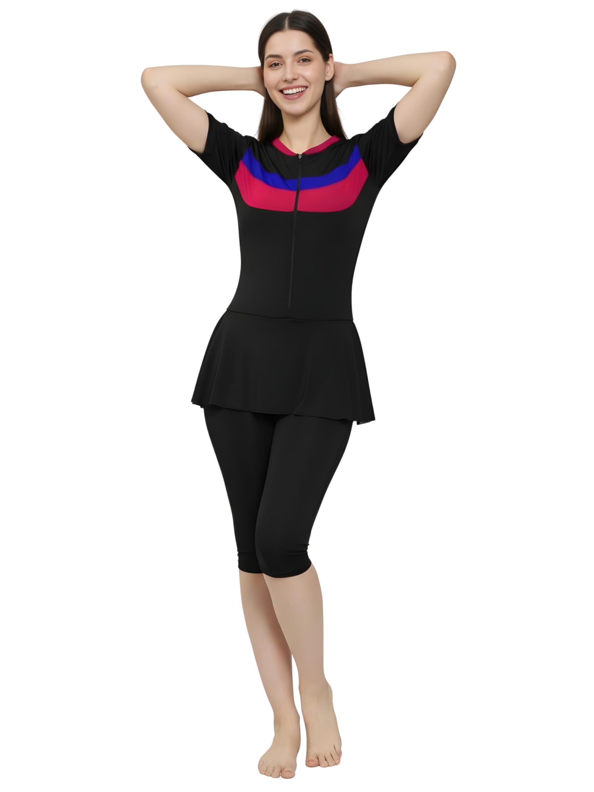 - Women Color Block Knee Length One Piece Swimsuit with Removable Chest Pads Front Zipper Frock Style Design Swimming Costume