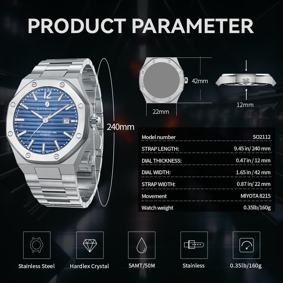 SAPPHERO Automatic Watches for Men Luxury Men's Watches Mechanical Date Analog 50 Meter Waterproof Business Stainless Steel Strap Wristwatches for Man Outdoor/Indoor Dress Watch - Image 5