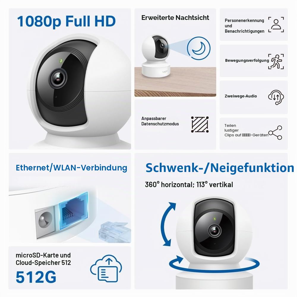 Tapo C202 360° WLAN Überwachungskamera, Ethernet/Wi-Fi-Anschluss,1080P HD, Bewegungsverfolgung, Nachtsicht, Zwei-Wege-Audio, kompatibel mit Alexa und Google Assistant, bis zu 512GB Lokale Speicherung