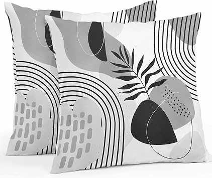 Outdoor Waterproof Throw Pillow Cover Abstract Boho Leaf Black Arch Lines Decorative Pillows Cushion Covers Watercolor Grey Aesthetic 2 Pack Pillow Cases for Patio Garden Balcony Couch Sofa 16x16In