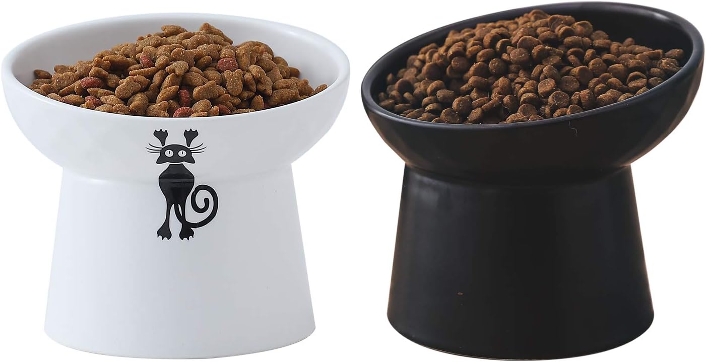 TAMAYKIM Tilted Ceramic Raised Cat Bowls, 8 OZ Food and Water Bowls Set for Kitty, 5 in Porcelain Elevated Stress Free Feeding Pet Dish, Dishwasher and Microwave Safe, 2 Pack (White & Black)