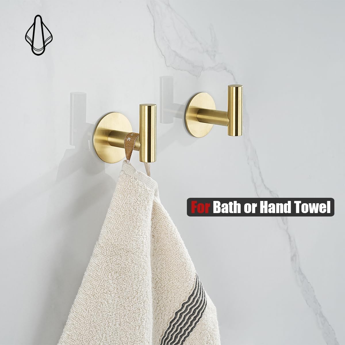JQK Self Adhesive Towel Hook Gold, No Drill Stick on Coat Robe Clothes Wall Hook for Bathroom Kitchen Garage 2 Pack, 304 Stainless Steel Brushed Gold, ATH110-BG-P2