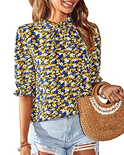 BTFBM Women's Summer Boho Shirt Top Ruffle Short Sleeve Frill Trim Mock Neck Floral Solid 2025 Casual Blouses Shirts Tops(Floral Black, X-Small)