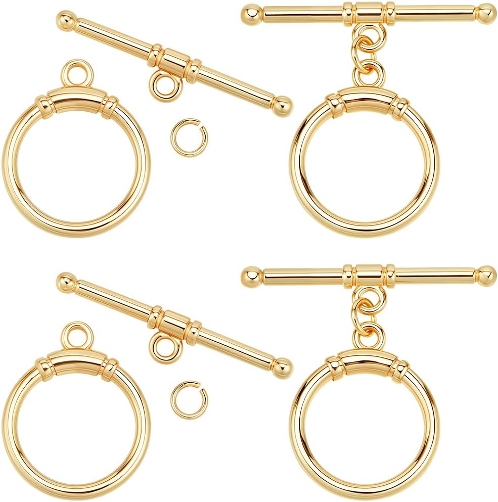 Beebeecraft 1 Box 10Pcs Toggle Jewelry Clasps 18K Gold Plated Brass T-bar Closure Round Toggle Claps Connectors with Jump Rings for Necklaces Bracelets Jewelry Making DIY Crafts